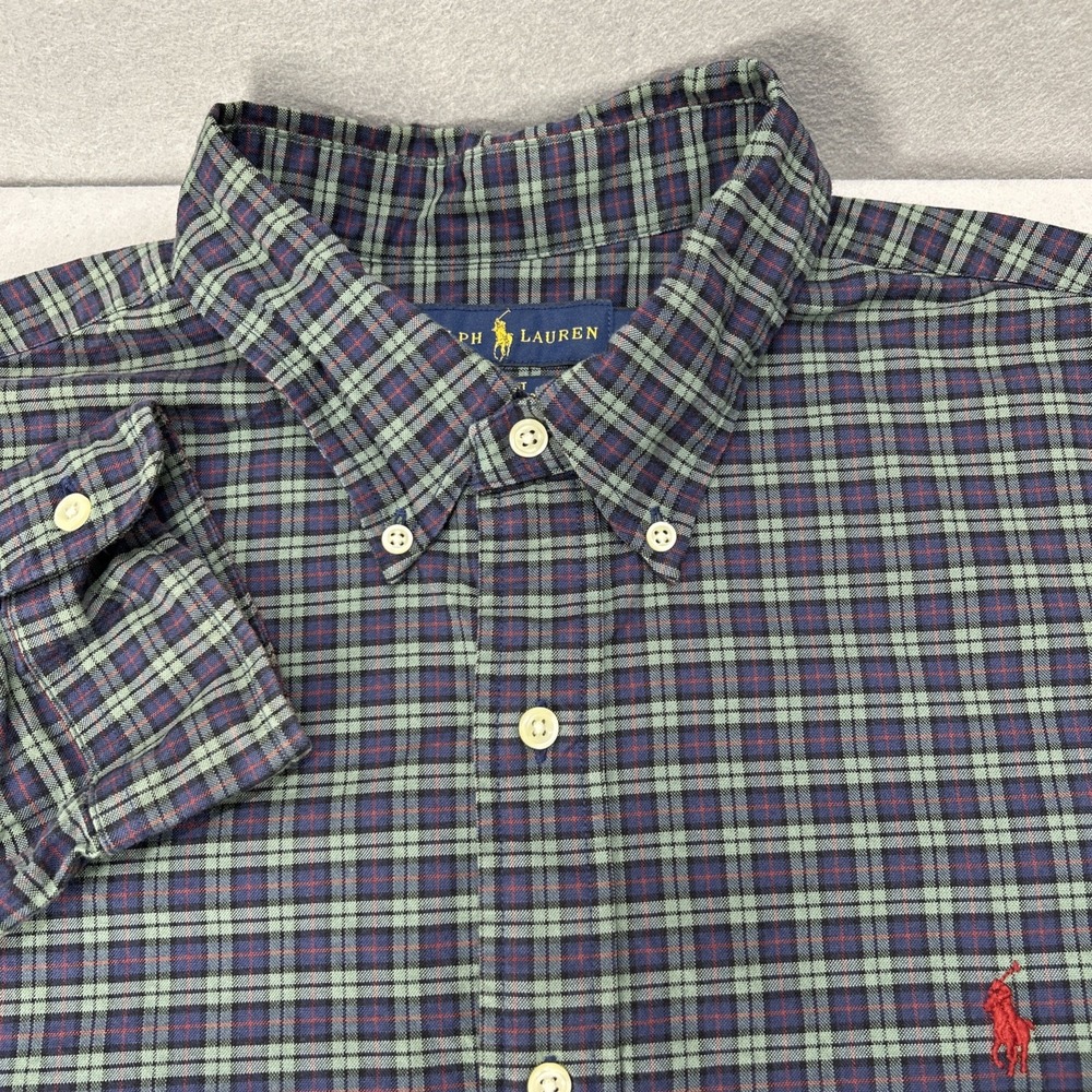 Ralph Lauren Button Down Men XL Green Blue Plaid Slim Fit Stretch Oxford